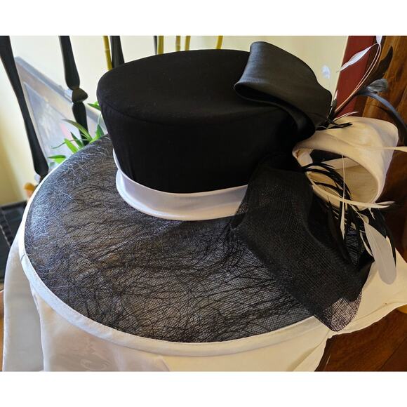 NWT Elite Champagne black and white satin and feather ornate sun hat main image 4